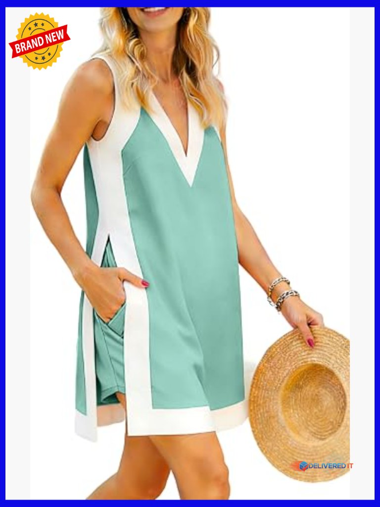 Sleeveless V Neck Color Block 2 Piece Set Tunic Top With Shorts, Pockets,